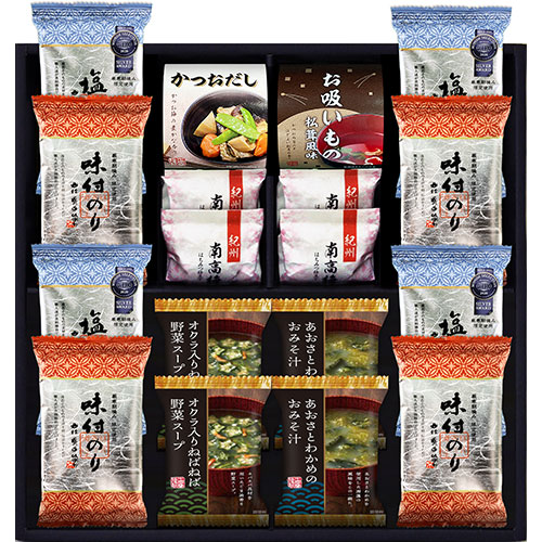 海苔食べくらべ バラエティセット 味付/塩のり、シーラックかつおだし、永谷園お吸いもの、紀州南高梅、オクラ入野菜スープ、あおさとわかめのおみそ汁 YU-502