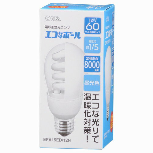 【最大250円OFF！～5/16 2時】 【P2倍】オーム電機 OHM エコなボール 電球形蛍光灯 E26 60W相当 昼光色 EFA15ED/12N