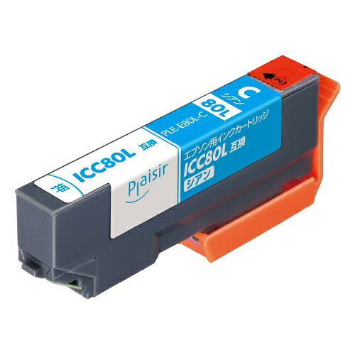 メーカー名:プレジール Plaisir 型式:PLE-E80L-C JAN:4531027006134 サイズ：110×92×20mm 重量：41.5g 純正型番：ICC80L ・エプソン ICC80L互換インクカートリッジ ・内容：シアン/染料 ・適合機種：EP-707A/ EP-708A/ EP-777A/ EP-807AB/ EP-807AR/ EP-807AW/ EP-808AB/ EP-808AR/ EP-808AW/ EP-907F/ EP-977A3/ EP-978A3/ EP-982A3