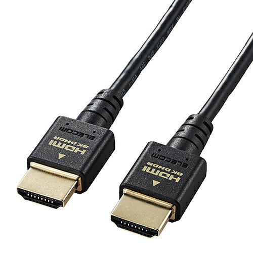 48Gbpsの高速伝送により8K(60p)/4K(120p)に対応! 高い信頼性と機能性、ノイズ耐性を兼ね備えたUltra High Speed HDMI(R) Cable規格認証モデルのイーサネット対応ウルトラハイスピードHDMIケーブル。 ●48Gbpsの高速伝送による8K映像の伝送に対応し、高い信頼性と機能性、ノイズ耐性を兼ね備えたイーサネット対応ウルトラハイスピードHDMIケーブルです。 ●8K(60P)/4K(120P)に対応し、超高解像度かつ更になめらかな映像の伝送が可能なUltra High Speed HDMI(R) Cable規格認証済ケーブルです。 ●直径4.5mmのスリムケーブルを採用し、スッキリとキレイな配線が可能です。 ●従来品に比べ約37%小型化した、接続機器の多いテレビ裏でも干渉せず接続できる小型コネクタを採用しています。※DH-HD21Eシリーズと比較。 ●映像フレームごとに適切な明るさとコントラストを適用する動的明暗表現に対応し、より鮮明な映像を伝送可能にするDynamicHDRに対応しています。 ●従来のBT.709に比べ、より広い色域をカバーしたBT.2020映像の伝送が可能です。 ●eARC対応により、高ビットレート(192kHz 24-bit)と、非圧縮の5.1chと7.1ch音声に対応した迫力あるオブジェクトベースオーディオを再生可能です。 ●ゲームモードVRRに対応することで、可変リフレッシュレートにより、PC等の機器とディスプレイの間で起こるタイムラグやカクつきを最小限に抑え、滑らかな映像伝送を行います。 ●1本のケーブルで、映像信号と音声信号をデジタルのままで高速伝送するだけでなく、イーサネット信号の双方向通信を実現します。 ●100Mbpsのイーサネット通信を実現する、HEC(HDMIイーサネットチャンネル)に対応しています。 ●高密度のアルミ編組シールドとアルミマイラーを3重に重ねることで、高周波ノイズから低周波ノイズまでケーブル部分に発生するあらゆるノイズを徹底的に除去します。 ●金属製シェルを採用することで、接続端子付近に発生するノイズを徹底的に除去します。 ●サビなどに強く信号劣化を抑える金メッキピンと金メッキコネクタを採用しています。 ●EUの「RoHS指令(電気・電子機器に対する特定有害物質の使用制限)」に準拠(10物質)しています。 ●対応機種:HDMI(タイプA・19ピン)側:HDMI入力端子を持つ液晶テレビ、プラズマテレビ、プロジェクター等、HDMI(タイプA・19ピン)側:HDMI出力端子を持つAV機器、ゲーム機等 ●規格:Ultra High Speed HDMI(R) Cable認証取得済 ●コネクタ形状:HDMI(タイプA・19ピン) - HDMI(タイプA・19ピン) ●ケーブルタイプ:スリム ●伝送速度:48Gbps ●対応解像度:8K(60P)/4K(120P) ●シールド方法:3重シールド ●プラグメッキ仕様:金メッキ ●ケーブル長:約2.0m (コネクタ含む) ●ケーブル太さ:約4.5mm ●カラー:ブラック