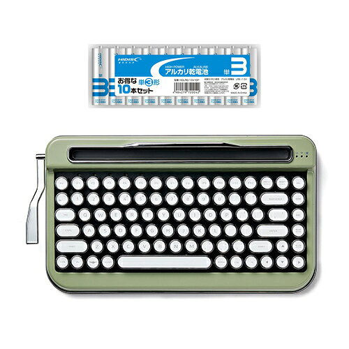 レトロデザインと新しい技術で、タイプ入力をもっと楽しくタイプライターをモチーフにした[PENNAキーボード]は、モバイルライフだけでなく、生活空間をおしゃれに彩り、あなたの暮らしを豊かにしてくれること間違いなしです。 PENNAキーボードがお披露目されてからこれまでに約70カ国のサポーターの方に[PENNAシリーズ]を応援していただいています。　これはPENNAシリーズが今までなかった独特なレトロスタイルのデザインと革新的な技術を組み合わせた、世界になかった製品だったからといえるでしょう! タイプライターのデザインを取り入れたレトロな感性と新しい技術で創られたニューレトロ (NEW-RETRO)を体感してみてください。 ============================== 　　【PENNAの特長】 ============================== ワイヤレスキーボードPENNAは一般に見られるキーボードではありません。 高級感溢れるあらゆる機能が搭載されています。 ■□Chrome keycaps レトロクロームキーキャップは、タイプライターからインスピレーションを得てデザインされました。レトロキーキャップとメカニカルスイッチでの打鍵感は、タイプライターを使用しているような打ち応えがあります。 ■□Cherry mechanical switches 世界最高の技術力を持つドイツ チェリー社製のスイッチを使用し、正確なクイックタイピングが可能です。押下圧50g(±15g)でタイプライターような打鍵感と音を持つMX BLUEを採用しています。 ■□MACRO BAR 頻繁に使用するキーや文章を保存し、マクロバーを使用して入力 Enter/Backspace などの使用頻度の高いキーや文章などマクロバー(MACRO BAR)で保存して、呼び出してみてください。 ■□BLUETOOTH 4.2 最新のBluetooth Ver4.2BLEを採用してバッテリーの効率化と安定した接続が可能です。 ■□Multi pairing PENNAは最大5台までのデバイスを接続して使用することができるマルチペアリング機能をサポートしています。接続したデバイスは、キーを押して、簡単に接続切り替えが可能です。タブレットと携帯電話を同時に接続して、文書作成をしながら、SMSに返信したり、自在に切り替えながらお使いいただけます。 ■□4month battery life 単三電池×2個で4ヶ月以上の使用待機可能 単三アルカリ電池で、いつでもどこでも使用が出来ます。また、4ヶ月間は電池交換不要です。 ■□All os supportWindows/Android/iOS対応可 PENNAはWindows/iOS/Androidに対応し、ほぼ全モバイルデバイスで完全に作動します。 背面にあるiOS/WINスイッチを切り替えることでキーのレイアウトが変わります。 ■□状態表示灯(LED) PENNAには、3つの状態表示灯があります。マクロモードの状態、Bluetooth接続の状態、バッテリーの状態を表示しています。 ■□マルチメディアHot Key PENNAキーボードでは、よく使うマルチメディアメニューを用意しました。 FN+キーで使うことができ、素早く簡単に実行できるさまざまな機能が割り当てられています。 ※マルチメディアキーは、OSによって異なる場合があります ■□5Color 5種類のカラーから選択できます ブラック、ホワイト、ピンク、グリーン、ウッドの5種類のカラーで展開しています。【タイプライター風キーボードPENNA(ペナ)】 ●Bluetooth 4.2(BLE)　マルチペアリング最大5台 ●オートスリープ ●Hot Key - FN+Multimedia key ●Mac / Windows / iOS / Android 対応 ●Cherry Mechanical Switches ●単3電池×2で約4ヶ月使用可能 ●サイズ: 　外形寸法 : 356X195X54mm 　重量 : 1.1kg 　使用可能デバイス長 : 267mm ●本体パッケージ内容:PENNA Keyboard本体、スペースキー×1、取り扱い説明書・保証書 ●保証期間:1年 ●生産国:韓国 【アルカリ乾電池 単3形10本パック】 ●タイプ アルカリ乾電池 ●形状 単3形 ●電圧 1.5V ●寸法 約φ14.5×高さ50.5mm(1本) ●質量 約24g(1本あたり) ●JIS規格準拠 ●液漏れ防止構造 ●水銀0(ゼロ)使用 ●使用推奨期限5年