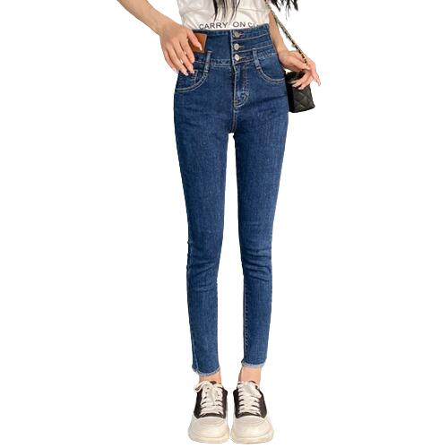 デニムスキニースリムパンツ （カラー3色 ）ジーンズ ハイウエスト 3蓮ボタン ストレッチ 高弾力性 美脚 綿混 細見え 脚長 ボトム ロングパンツ