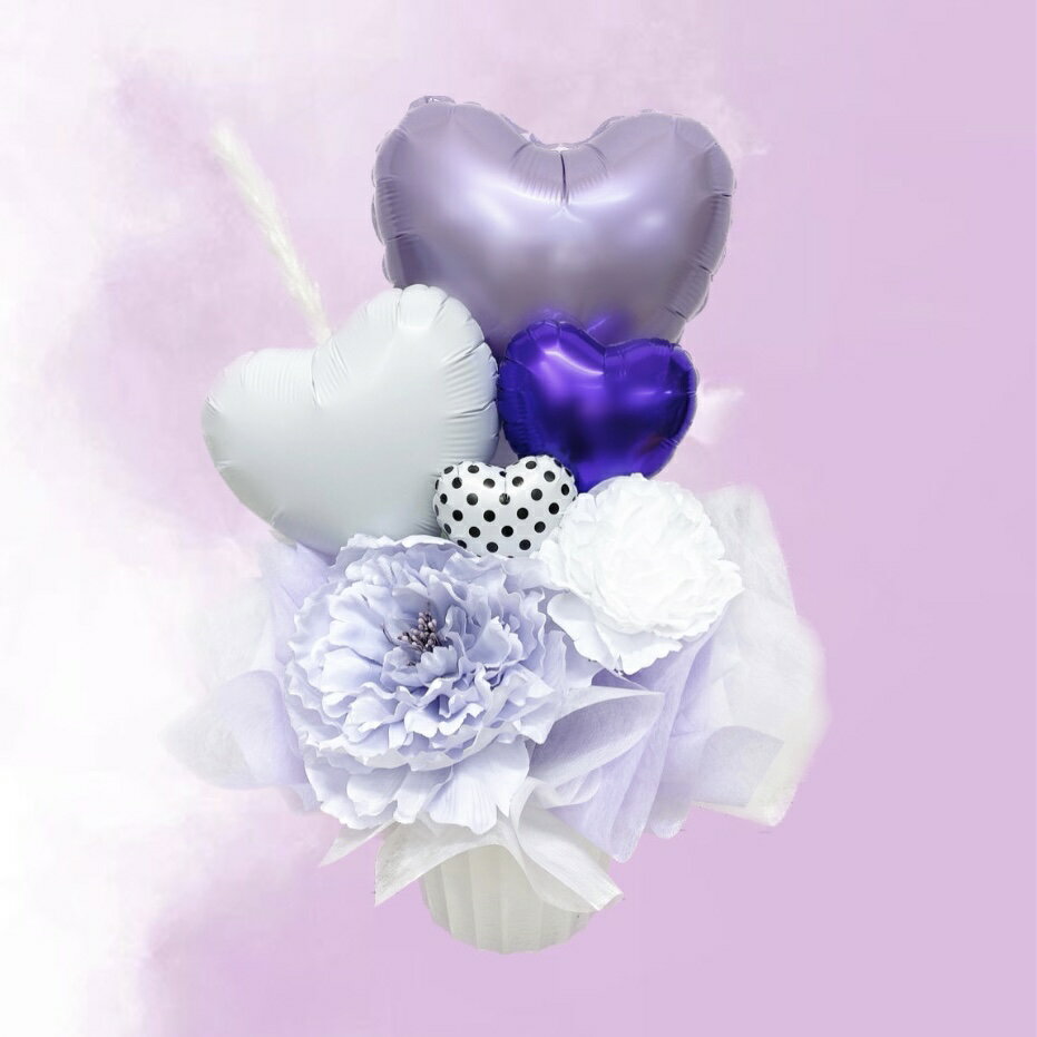 ビオラ バルーンアレンジ 置くタイプ 卓上タイプ 誕生日 母の日 開店祝い サロン 紫 パープル バイオレット かわいい エレガント 上品 シルバー ドット バ...