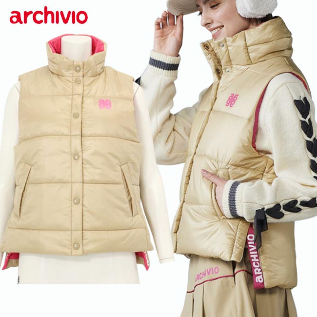 【2025年秋冬モデル】 archivio （アルチビオ）中綿サイドロゴベスト (レディス）ベージュ ゴールド あ..