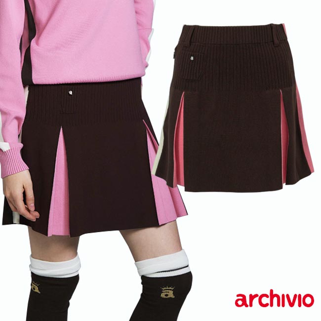 【2025年 秋冬モデル】アルチビオ ゴルフウェア カラーライン配色ニットスカート レディス ミニスカート ボックススカート ブラウン 茶色 総ゴム A516004 archivio 【B-ONE-Y】
