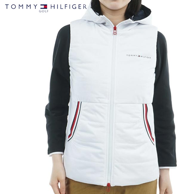 【2025年秋冬モデル】 TOMMY HILFIGER GOLF トミーヒルフィガーゴルフ 中綿 キルトベスト(レディス）ゴルフウェア 女性 フルジップ フード付き 防風 ストレッチ THLA581 フード取り外し 2WAY 白 ホワイト ベストのみ シャツなどは含まれません 【B-ONE-Y】