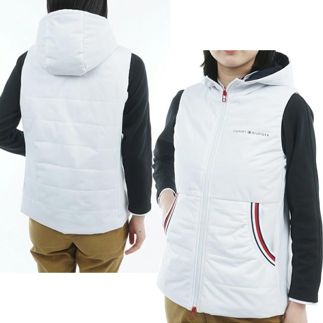 【2025年秋冬モデル】 TOMMY HILFIGER GOLF トミーヒルフィガーゴルフ 中綿 キルトベスト(レディス）ゴルフウェア 女性 フルジップ フード付き 防風 ストレッチ THLA581 フード取り外し 2WAY 白 ホワイト ベストのみ シャツなどは含まれません 【B-ONE-Y】