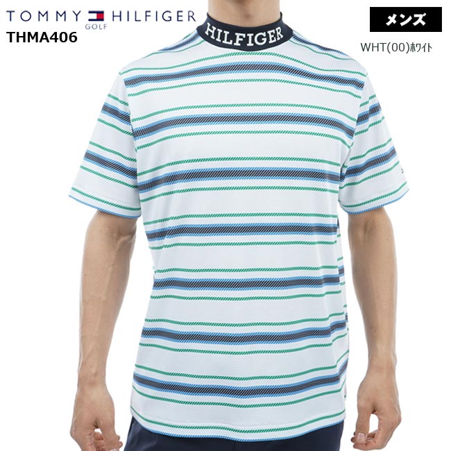 【2024年春夏モデル】 TOMMY HILFIGER GOLF トミーヒルフィガーゴルフ マルチボーダー 半袖モックネック（メンズ) THMA406 ハイネック Tシャツ 吸汗速乾 紳士 男性用 ゴルフウェア 【B-ONE】