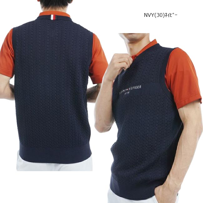 【バーゲン!30%OFF!!】 【2024年秋冬モデル】 TOMMY HILFIGER GOLF トミーヒルフィガーゴルフ ケーブル Vネックニットベスト（メンズ) THMA452 紳士 男性用ゴルフウェア 【B-ONE-Y】