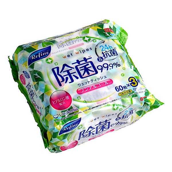 ウェットティッシュ リファイン 99.9%除菌+24h抗菌 ノンアルコールタイプ 20×12.5cm 60枚×3個入