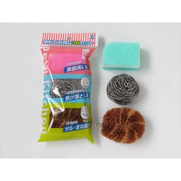 プチキッチン スポンジ/ステンレスタワシ/パームタワシセット 3点セット ［色指定不可］ (100円ショップ 100円均一 100均一 100均)