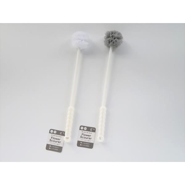 フラワーたわし柄付き ホワイト/グレー 34cm ［色指定不可］ (100円ショップ 100円均一 100均一 100均)