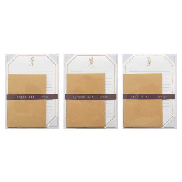 レターセット 5セット クラフト紙 線画フラワー柄 便箋10枚/封筒5枚入 ［柄指定不可］ (100円ショップ 100円均一 100均一 100均)