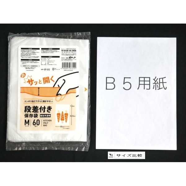 段差付き保存袋 無色半透明 M(23×34cm) 60枚入 (100円ショップ 100円均一 100均一 100均)