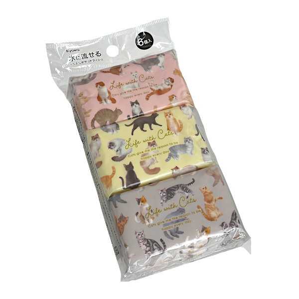 水に流せるミニミニポケットティシュ ねこ柄 16枚(8組)×6個入 (100円ショップ 100円均一 100均一 100均)