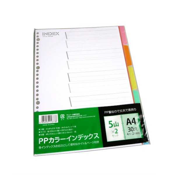 PPカラーインデックス A4サイズ 30穴 タイトル1枚・インデックス5山×2セット入 (100円ショップ 100円均一 100均一 100均)