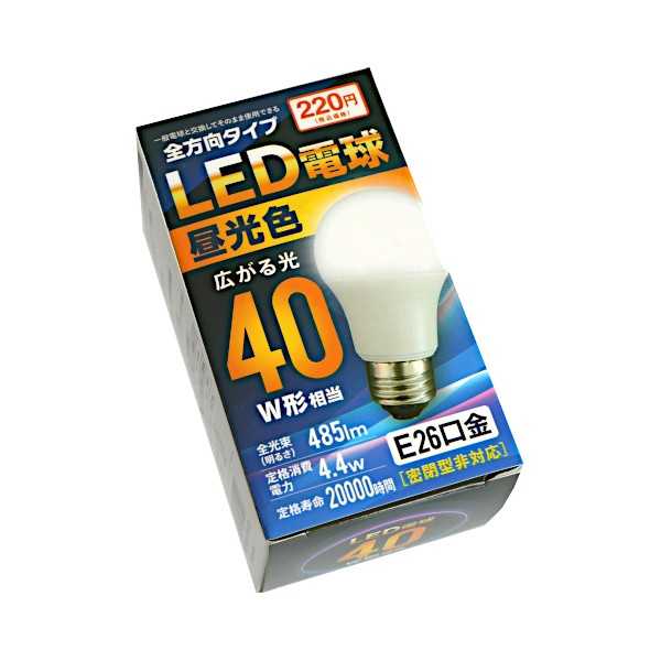 LED電球です。一般電球と交換してそのまま使用できる全方向タイプです。定格寿命は約20000時間です。※パッケージの表示価格は店頭販売価格の為、当店販売価格とは異なります※密閉型 非対応●サイズ(約)・90×直径50mm(当店計測:97×直径55mm)●材質・ポリアミド ポリカーボネート アルミニウム●用途・LED 電球 電灯 交換●キーワード・でんきゅう でんとう こうかん●シリーズ名・LED電球 全方向タイプ●品名・LED電球40W相当 昼光色100V●品番・★0989-42●JAN・4968988989426●メーカー名・(株)ミツキ●管理単位・6個/120個●入数・1個
