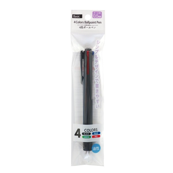 4色ボールペン ベーシック ボール径0.5mm 黒/赤/青/緑 ［色指定不可］ (100円ショップ 100円均一 100均一 100均) bababa-10020766 100円雑貨&日用品卸-BABABA パッケージ画像