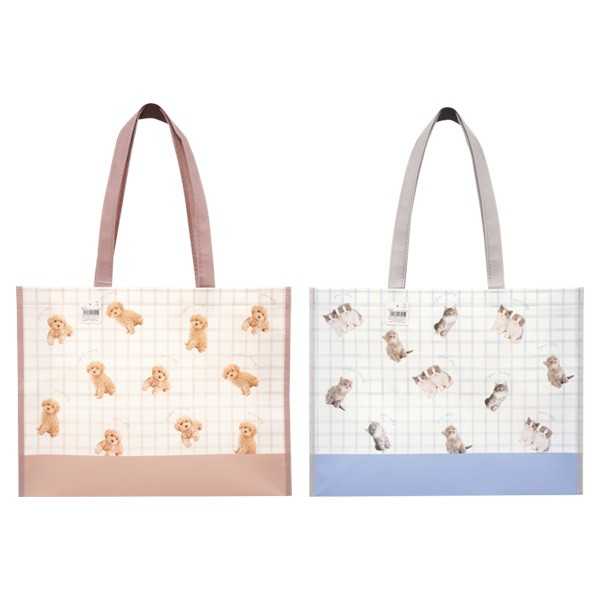 不織布コーティングバッグ イヌネコフォト柄 L(32×42×マチ10cm) ［柄指定不可］ (100円ショップ 100円均一 100均一 100均)