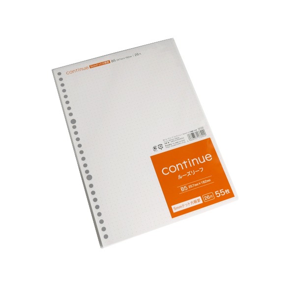 ルーズリーフ、55枚入りです。5mmドット方眼の26穴のルーズリーフです。ファイルから抜き差しできて便利です。●1枚のサイズ(約)・257×182mm●材質・紙●用途・ルーズリーフ ノート 用紙 文具●キーワード・るーずりーふ のーと ようし ぶんぐ●シリーズ名・continue/コンティニュー 100円ショップ 100円均一 100均一 100均●品名・B5ルーズリーフコンティニュー5mmドット方眼55P●品番・25-233●JAN・4969757176900●メーカー名・協和紙工(株)●管理単位・10個/120個●入数・55枚