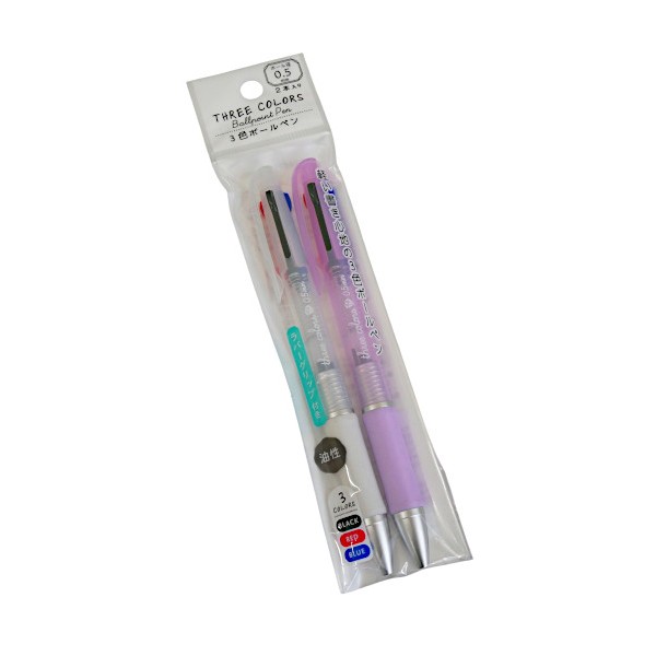 圆珠笔的笔形笔 - 3色ボールペン 黒・赤・青 ボール径0.5mm 2本入 ［色指定不可］ (100円ショップ 100円均一 100均一 100均)