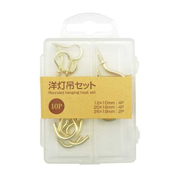 洋灯吊りセットです。3種類のサイズが違う洋灯吊りのセットです。【 セット内容 】・1.2×1cm 4個・2×1.6cm 4個・2.5×1.9cm 2個 サイズ別に収納できるケース付きです。天井や壁などに取り付けて収納を増やせます。●サイズ(約)・ケース:16×60×88mm●材質・スチール●用途・吊りフック DIY 金具 壁掛け 日曜大工 修理●キーワード・ようとうつり ふっく かなぐ 100円ショップ 100円均一 100均一 100均●品名・洋灯吊セット 10P●品番・0665-362●JAN・4991203208279●メーカー名・エコー金属(株)●管理単位・10個/200個●入数・10個