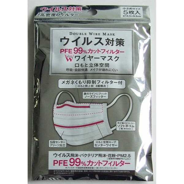 マスク PFE99%カットフィルター Wワイヤー 小さめサイズ 5枚入