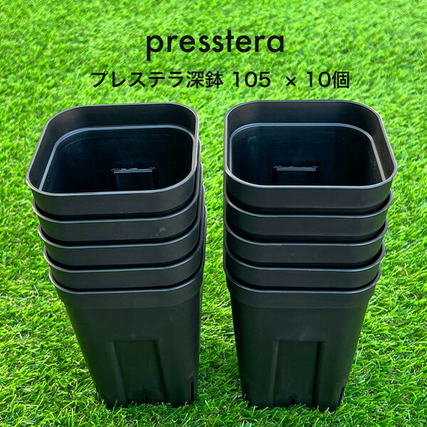 スクエア型が使いやすい、高級感のある硬質素材のプラスチック鉢です。鉢底は8箇所のスリットが入っており、水捌け良好で根腐れしにくいポットです。【商品名】プレステラ深鉢105【内容】10鉢セット【サイズ】92 x 92 x h120 mm　※メーカー表記-----------------------------------------プレステラ専用の鉢皿『プレステラプレート』もご用意しております。※別売り対応サイズ：プラステラプレート105