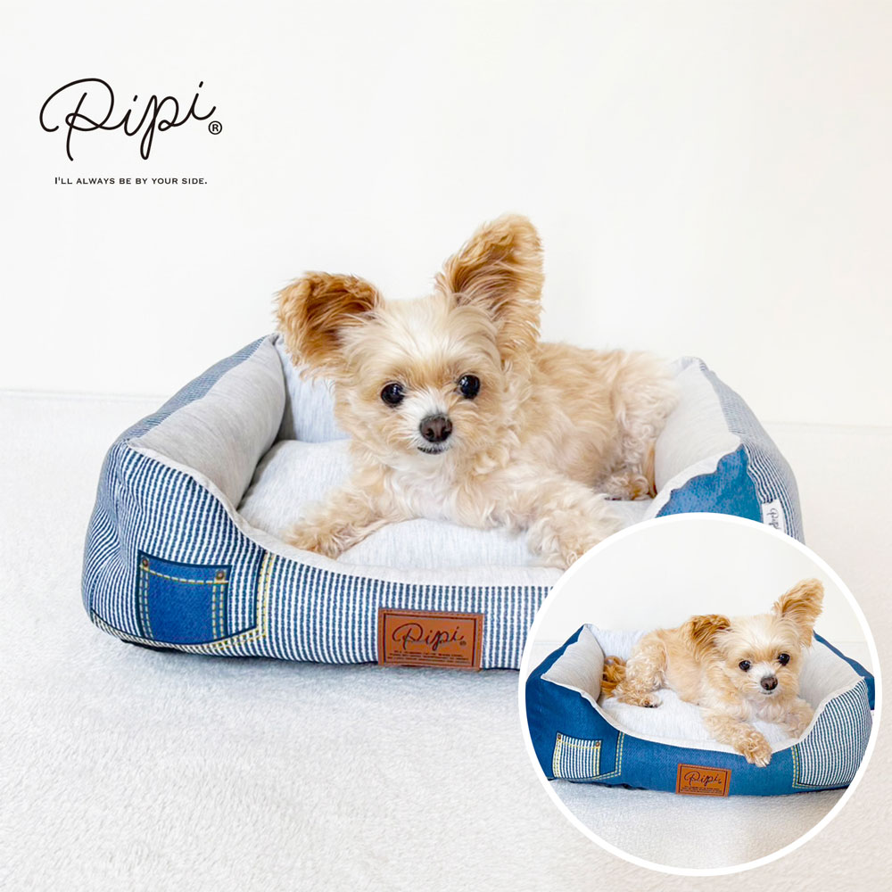 PiPi プリンプリントソファ S/Mサイズ ヒッコリー デニム ペット用 クール素材 洗える 犬 猫 ふかふか ..