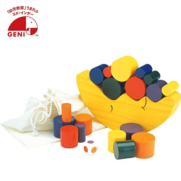 商品詳細 対象年齢 3歳頃から 箱サイズ 27.9×21×3.7cm 製品サイズ 本体　　：17.5×3×8.5cm サイコロ：2×2×2cm 重量 580g 素材 天然木、PP、紙 セット内容 ブロック（大・中・小）×各6、お月さま・サイコロ・収納袋・あそびかたガイド×各1 安全基準 CE（ヨーロッパEU諸国共通の安全基準） 食品衛生法検査 お手入れ方法 軽い汚れは、乾いた布やタオルで拭き取ってください。 汚れが強い場合は、お湯で湿らせた布やタオルを固く絞って汚れを拭き取り、風通しの良い日陰でしっかりと自然乾燥をさせてください。 メーカー エド・インター 製造国 ベトナム 注意事項 ・天然の木材を使用した商品です。木材固有の木目や色の濃淡など、ひとつひとつ異なる天然素材ならではの表情をお楽しみください。改善のため、ロットや生産時期により色や仕様が異なる場合がございます。 ・暖房器具の近くや夏場の車内、浴室やキッチンなどの高温多湿な場所や、窓際など直射日光が当たる場所を避け、通気性が良く風通しの良い場所で保管をお願いいたします。 ・塩化ビニール製の製品と一緒に保管しないでください。 その他 この商品は当店実店舗でも販売しております。 在庫数の更新は随時行っておりますが、お買い上げいただいた商品が、品切れになってしまうこともございます。 その場合、お客様には必ず連絡をいたしますが、万が一入荷予定がない場合は、 キャンセルさせていただく場合もございますことをあらかじめご了承ください。 グッド・トイ受賞商品 サイコロを振って、出た色のブロックをお月さまに乗せていくバランスゲーム。 ブロックを落とさずに積んだり、ブロックでつみきあそびをしたりした後は、全て袋にお片づけすることができます。