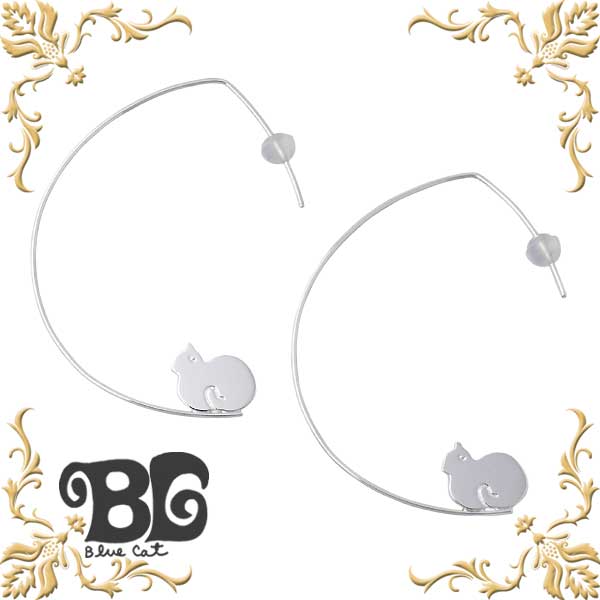 【ポイント5倍！ブラックフライデー！】 ブルーキャット Blue Cat シルバー 寝る猫 ピアス アクセサリー シリコンキャッチ レディース ネコ シルエット 2個売り フープタイプ シルバー925 スターリングシルバー SEV470-0924