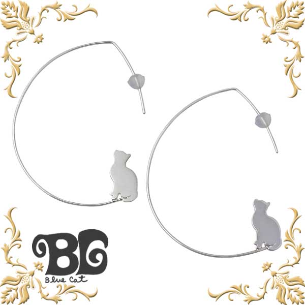 【ポイント5倍！ブラックフライデー！】 ブルーキャット Blue Cat シルバー 見上げる猫 ピアス アクセサリー シリコンキャッチ レディース ネコ シルエット 2個売り フープタイプ シルバー925 スターリングシルバー SEV655-1072
