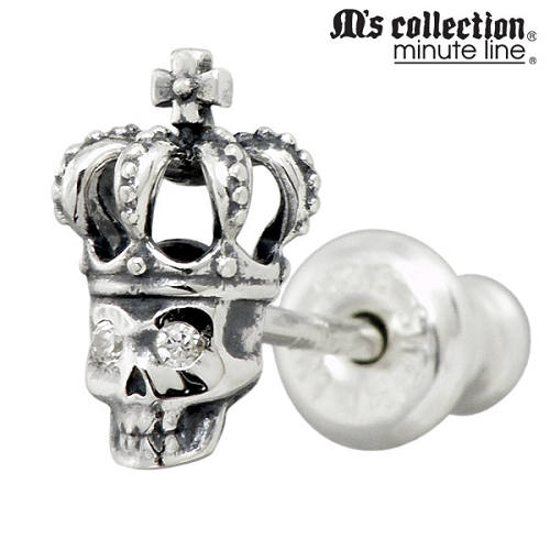 エムズコレクション M's collection スカル & 王冠 スタッド シルバー ピアス アクセサリー 1個売り 片耳用 キュービック ドクロ 髑髏 クラ...
