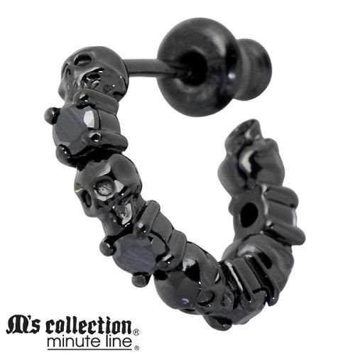 エムズコレクション M's collection ブラック スカル & BKキュービックフープ型 スタッド シルバー ピアス アクセサリー 1個売り 片耳用 ド...
