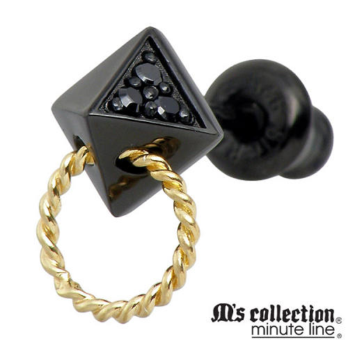 エムズコレクション M's collection ブラック ピラミッド型 & ゴールド リング スタッド シルバー ピアス アクセサリー 1個売り 片耳用 ブラ...