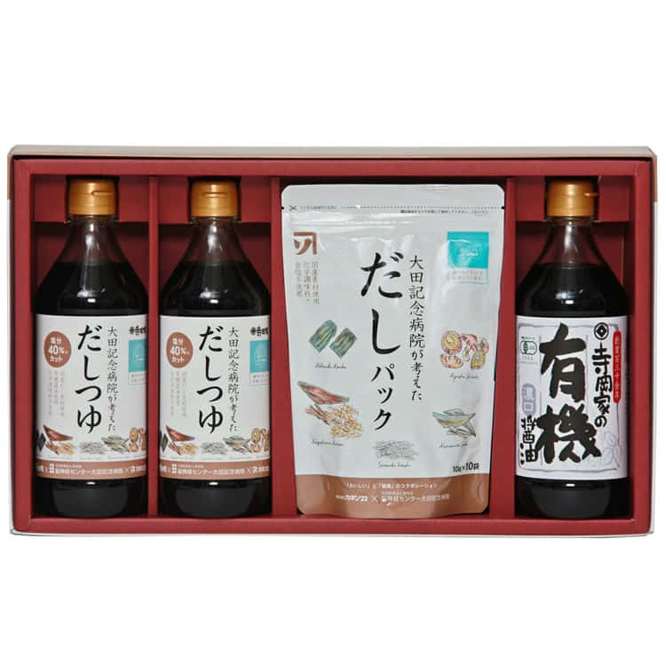 【スーパーSALE 10%OFF！】広島 寺岡有機醸造 大田記念病院が考えた だしつゆ 調味料詰合せ 減塩に取り組む大田記念病院の管理栄養士によって監修された だしつゆ と だしパック と有機醤油濃口のセット お歳暮 お中元 ご進物 ギフト 贈り物に最適 ※離島は配送不可