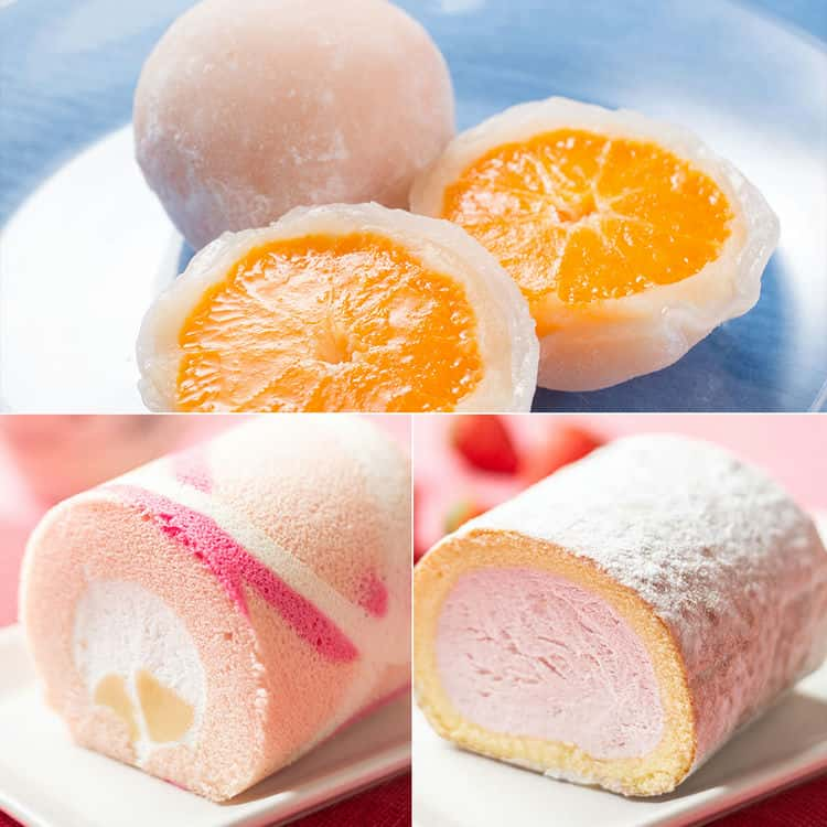 【スーパーSALE 10%OFF！】苺と桃のロールケーキセット＆みかん大福 みかんをまるごと包んだみかん大福 クリームたっぷりストロベリースターロール ピンクの生地にクリームをたっぷり巻き込んだロールズピーチハーフサイズセット お歳暮 お中元 ギフト ※離島は配送不可