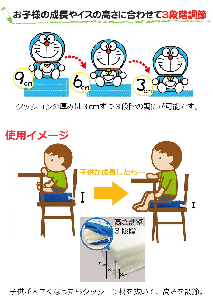 【アイムドラえもん　高さ調節クッション】子供用 高さ調節クッション/高さ調整/高さアップ/3段階調節/ダイニングチェア向け/チェア/椅子/チェアクッション/ベビー/キッズ/お子様/子供/お食事【あす楽対応】