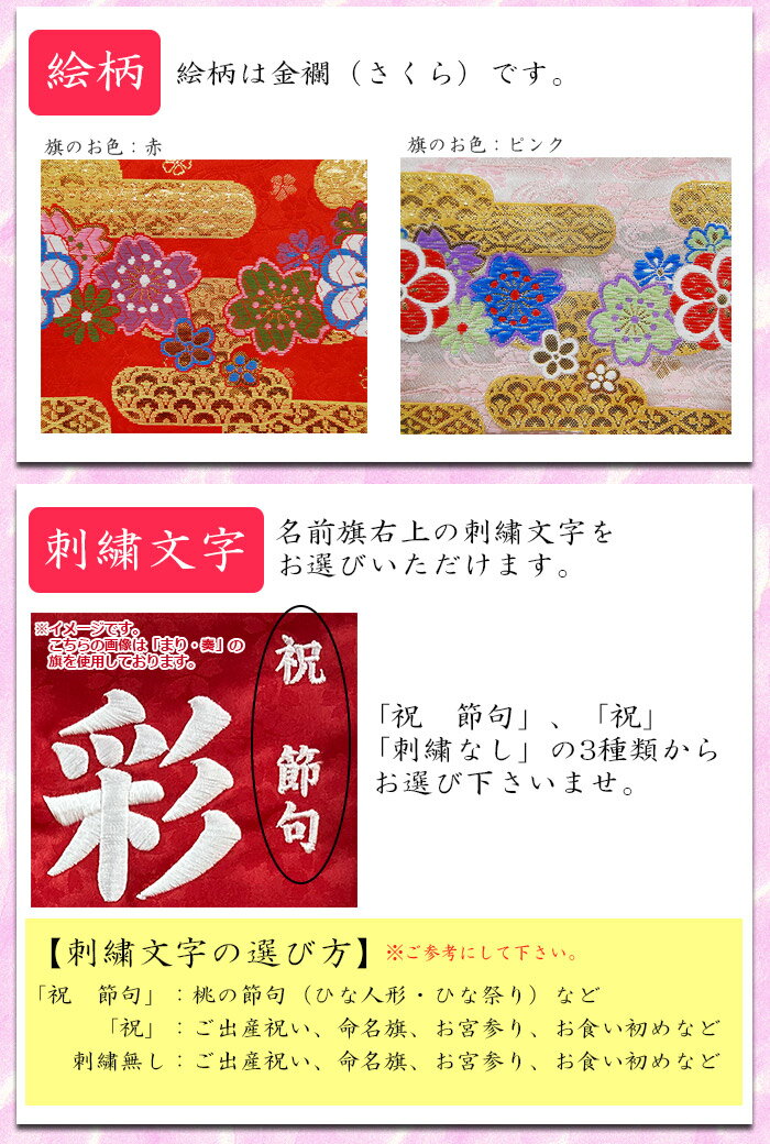 【名入れ刺繍】【京都西陣織を使用】女の子用 名前旗　小（全長40cm）　金襴（きんらん）　桜 赤・ピンク 金色　お名前入れタペストリー　 掛け軸 生年月日 桃の節句 初節句 ひな人形 脇飾り 雛飾り ご出産祝い お宮参り お食い初め 記念品 贈り物