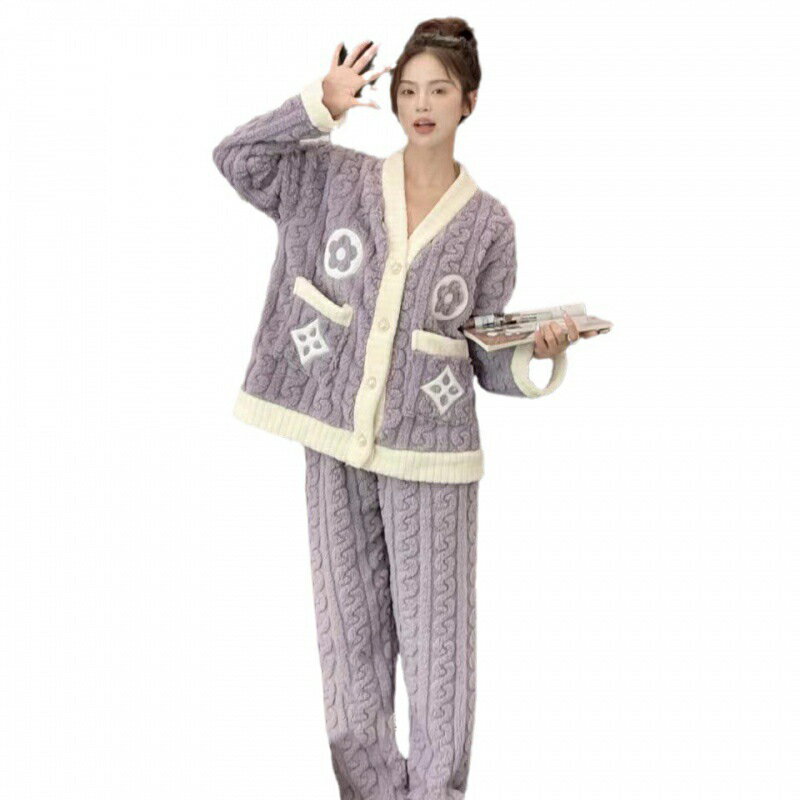 女性のための女性の秋冬の家庭服フランネルパジャマ冬の厚い暖かいパジャマセットVネックピジャマ