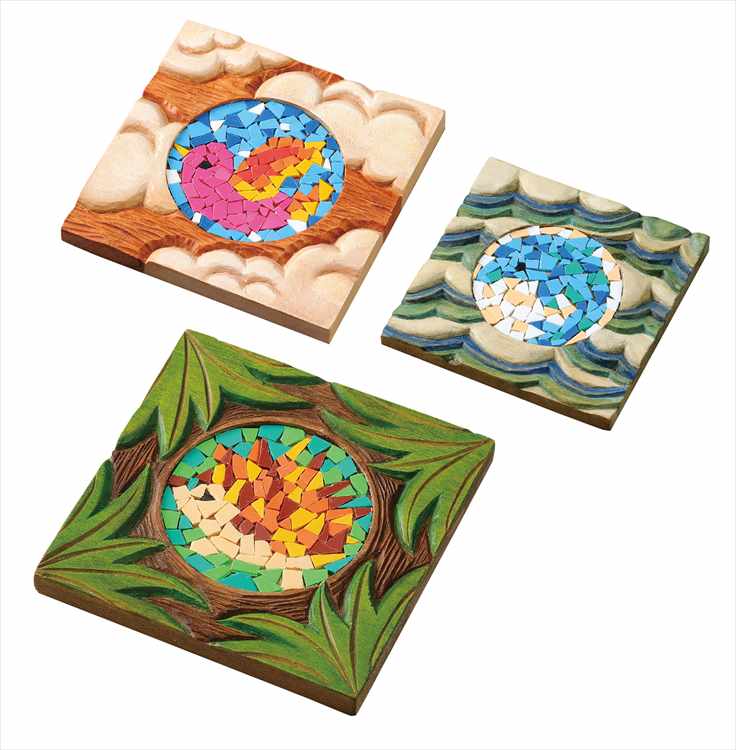 木彫コースター(3枚組)プラモザイク付 アーテック 工作 図工 美術 自由研究 木彫 コースター 木製 キッズ 子供 美術教材 工作用品 おしゃれ 本格的