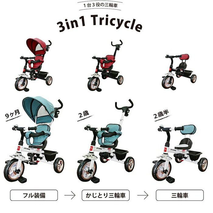 メーカーJTC 対象年齢生後9ヶ月〜4歳頃まで（適正身長：80〜100cm） 商品サイズ幅51×奥行95×高さ106cm（フル装備時） 重量8kg（フル装備時） 材質スチール、ポリプロピレン、ポリエチレン、ナイロン 機能・特徴 日差し対策用のサンシェード（折りたたみ式） 前輪と連動して動くかじとり手押し棒 手押し棒の高さ3段階調整可能 乗車時のずり落ちを防ぐセーフティガード 折り畳み式のステップ サドルは前後に3段階調整可能 踏むだけ簡単ロック出来る後輪ストッパー 振動や走行音を軽減する発泡タイヤ ペダルフリー機能 安全性を高めるハンドルバーパットお子様の成長に合わせてカスタマイズできる1台3役の三輪車 ペダルを漕げない時期から、自転車に乗る前まで長く使えます。