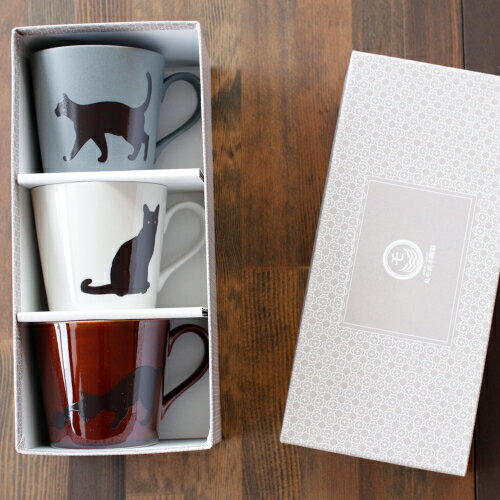 丸モ高木陶器 マグカップ 猫 ねこ ネコ 色が変わる 3個セット 300ml×3 捜す猫&座り猫&まりと猫 温感マグカップ 美濃焼 日本製