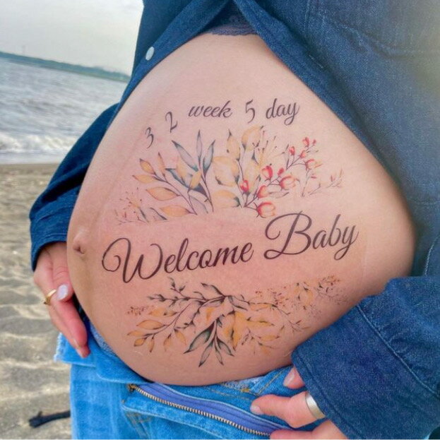 センター文字フラワー BabyRiver Baby マタニティフォトシール ブランド 可愛い プレゼント 贈り物 マタニティペイントシール マタニティ フォトシール タトゥーシール ボディーシール マタニティシール マタニティーシール