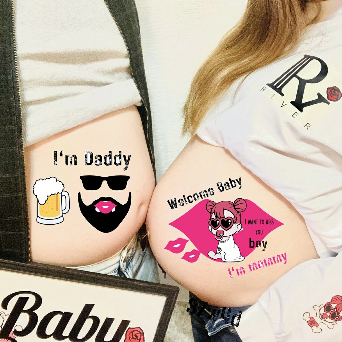 夫婦 家族 ヒゲ キス ビール A4サイズ BabyRiver ベリーちゃん マタニティフォトシール ブランド 可愛い プレゼント 贈り物 マタニティペイントシール マタニティ フォトシール タトゥーシール ボディーシール マタニティシール マタニティーシール マタニティフォト シール