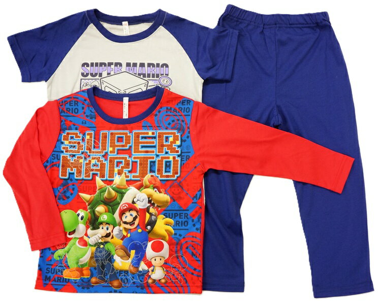BANDAI スーパーマリオ暗いところで光る 半袖＆長袖2トップパジャマ レッド2663335A