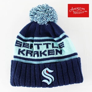 AMERICAN NEEDLE ニットキャップ Seattle Kraken シアトル・クラーケン ロゴ 刺繍 アクリル ポンポン付き ニット帽 ネイビー フリーサイズ おしゃれ アメカジ ファッション ユニセックス メンズ レディース ウィンター スポーツ 通勤 通学 旅行 フェス ギフト プレゼント
