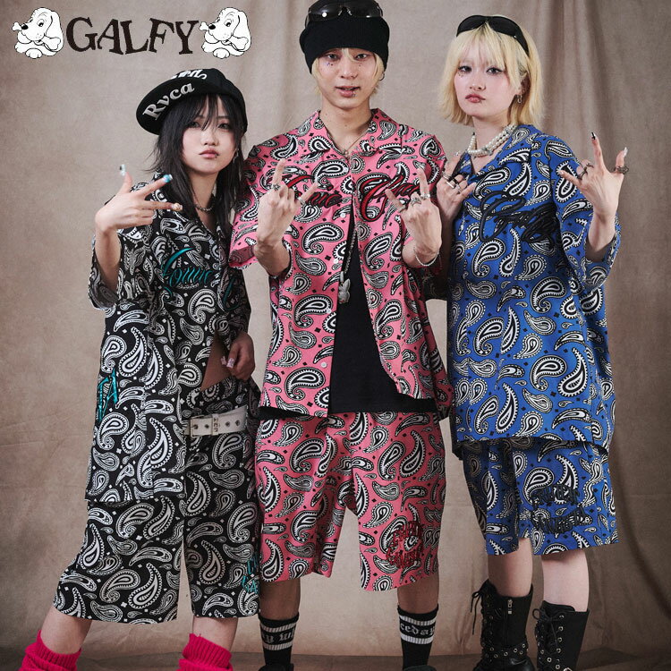 GALFY ガルフィー 俺らホ～ミ～SETUP セットアップ メンズ レディース 半袖 シャツ ハーフパンツ ショートパンツ ペイズリー柄 ロゴ ワッペン 上下セット ストリート カジュアル 夏 犬 L XL BLACK PINK BLUE