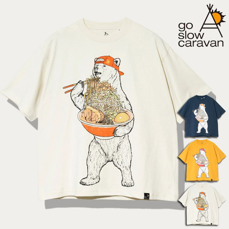 乐天商城 - go slow caravan 爆盛りラーメン クマ BIG Tシャツ 半袖 メンズ レディース オーバーサイズ 熊 グラフィック ユニーク ビッグシルエット クルーネック ゆったり ユニセックス アウトドア キャンプ フェス 外遊び 遊び心