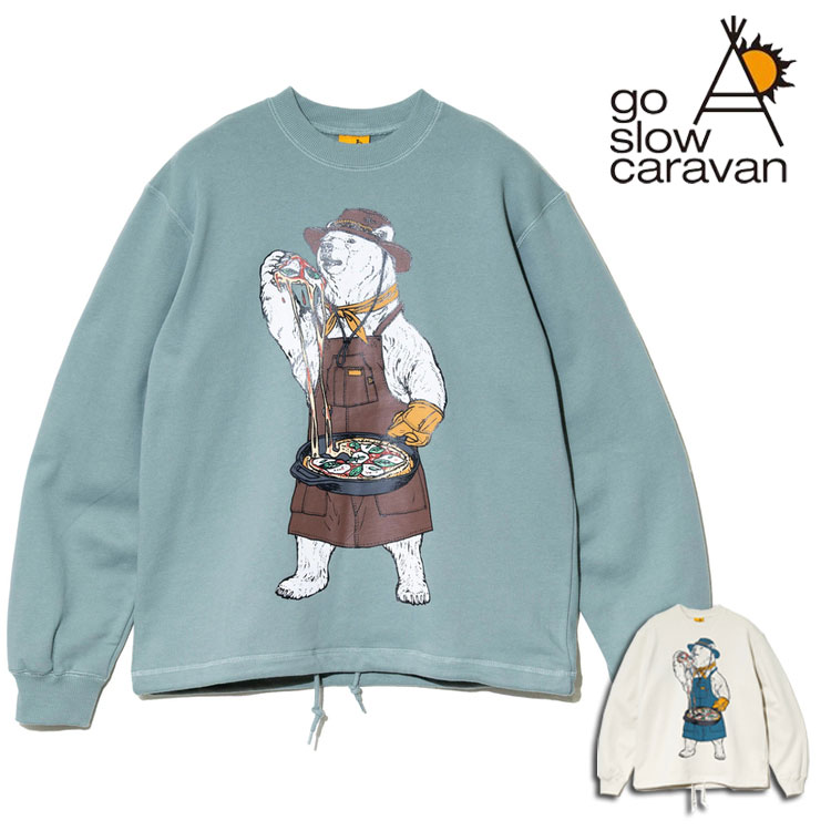 乐天商城 - go slow caravan スキレット ピザ クマ プリント ヘムスピンドル クルー スウェット ヘビーウェイト キャンパー 熊 クルーネック ロングスリーブ 長袖 綿100% 空紡糸裏毛 裾口 スピンドル仕様 ユニセックス トップス アウトドア キャンプ 通勤 通学 旅行 プレゼント
